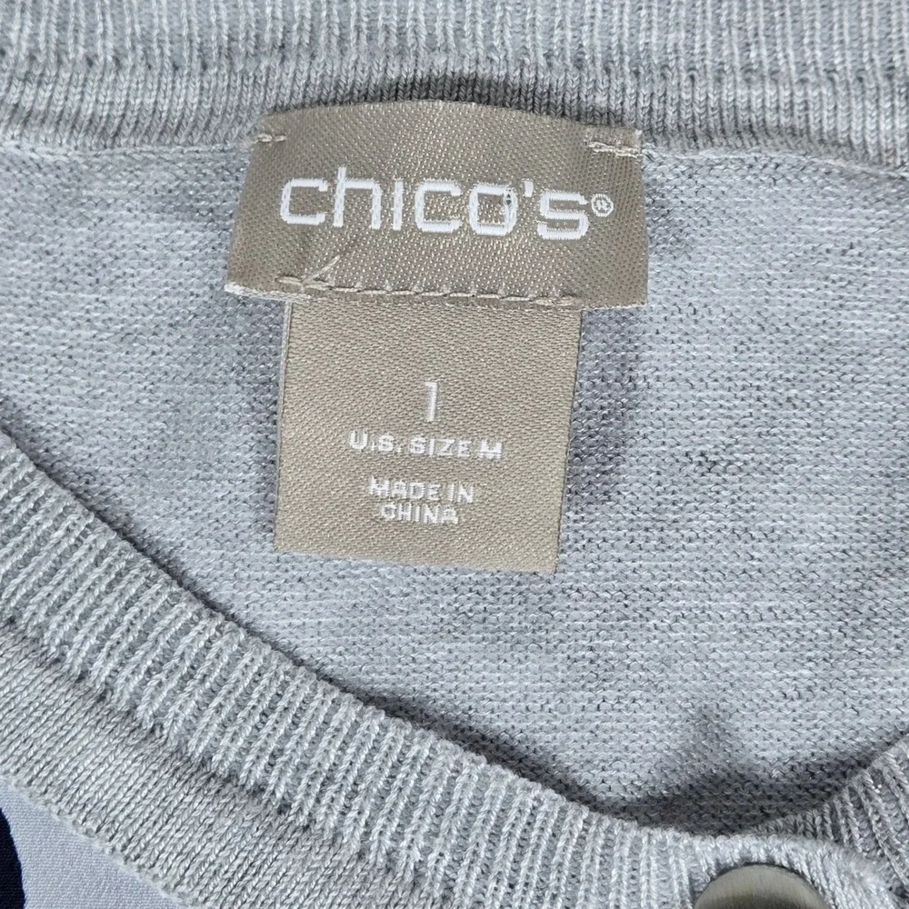 Chico's Grey Blue Leopard‎ Print Mixed Media Button Front Cardigan Sweater M
